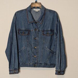 PETITE SOPHISTICATE Blue Denim Jean Jacket w Red Beaded Accents; Size PL